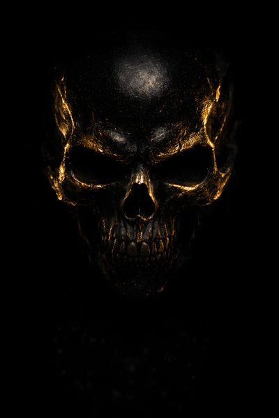 a black and gold skull in the dark Black And Gold Halloween Yellow Artwork, Black And Gold, Black Gold Aesthetic, Gold And Black,