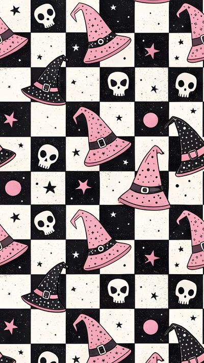 a black and white checkerboard with pink witches on it's side, skulls in the background Halloween Plaid Pink Custom Pink Halloween Vintage, Pastel Halloween Aesthetic, Pink Vintage Halloween,