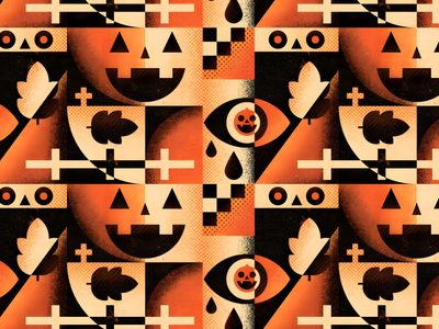an orange and black abstract painting with faces, trees, and shapes in the background Geometric Halloween Halloween Geometric Shapes, Halloween Tiles Pattern Design, Halloween Pattern Graphic Products, chocolate