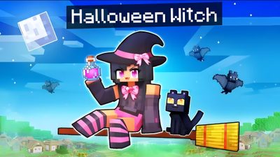 an animated image of a witch sitting on a broom Halloween Aphmau Minecraft Witch Costume, How To Draw A Minecraft Witch, Minecraft Witch Cat, cornflower blue