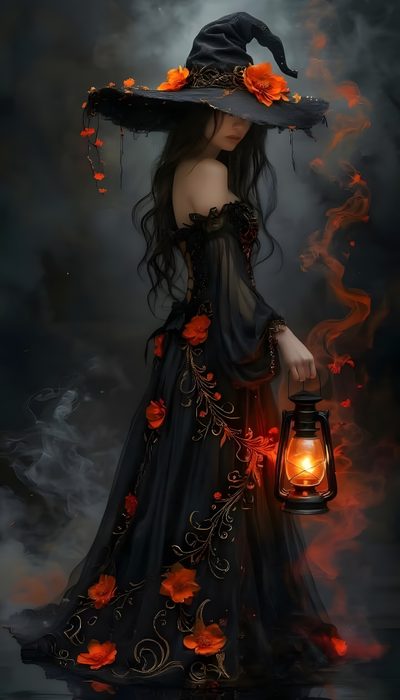 a woman in a witch costume holding a lantern and wearing a hat with flowers on it Beautiful Halloween Witch Spooky Pictures Vintage Photos, Halloween Witch Iphone, Cool Witch Pictures, black