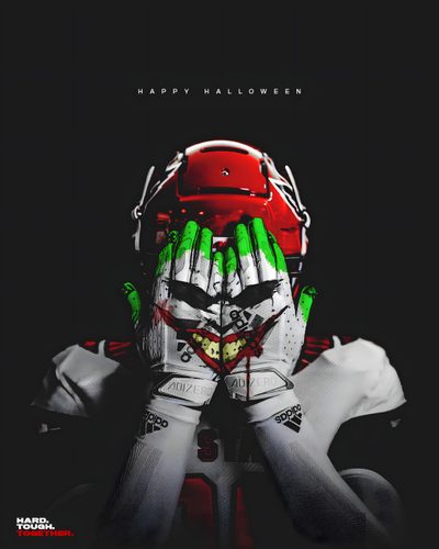 a football player with his hands on his face and the words happy halloween written in green Halloween Football Cool Football Graphics, Halloween Themed Football Posters, Football Hype Posters, black
