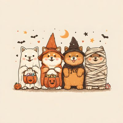 three dogs dressed up in halloween costumes Halloween Dog Hd Shiba Inu Halloween, Shiba Inu Halloween Drawing, Cute Halloween Dog Drawing, antique white