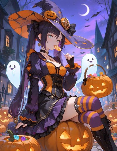 a woman dressed as a witch sitting on top of a pumpkin Halloween Genshin Devil Halloween, Fantasy Witch, Ninja Art, Disney Story, Anime Halloween, dim gray