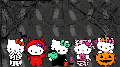 hello kitty halloween wallpapers with pumpkins and cats in the background, all dressed up Halloween Kitty Halloween Ipad Aesthetic, Halloween Tablet, Hello Kitty Halloween For Ipad, dark slate gray
