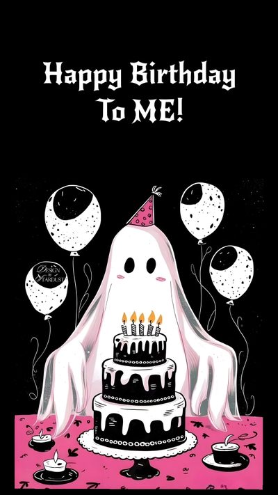 a birthday card with a ghost holding a cake Cute Halloween Birthday Halloween Birthday Art, Goth Birthday, Birthday Goth, Happy Bday Aesthetic, black