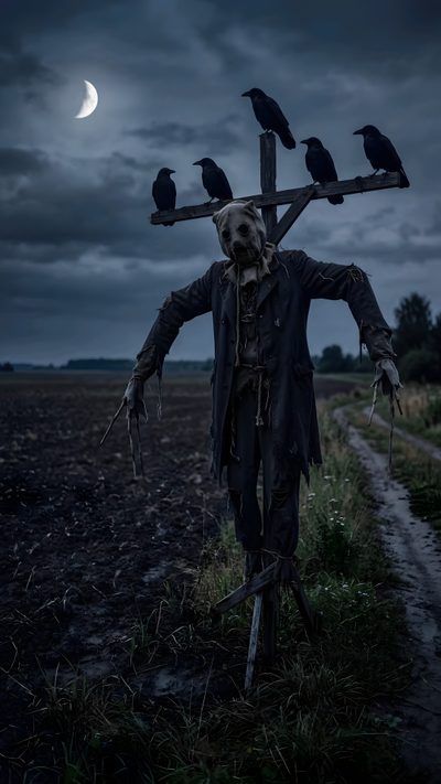 a scarecrow with crows on his head holding a cross Halloween Scarecrow Scary Scarecrows, Constantine Movie, Haunted Scarecrow, Scary Scare Crow, dark slate gray