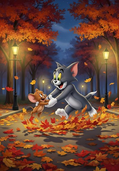 the cat and mouse are playing in the park with autumn leaves on the ground, Tom And Jerry Halloween Tom And Jerry Photos, Nature Photography Animals, Tom And Jerry Pictures, dark olive green