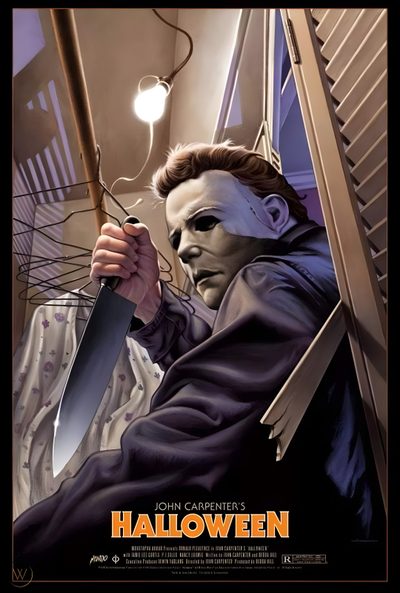 a movie poster for halloween with a man holding a knife and wearing a scary mask John Carpenter Halloween Vintage Slasher Movie Posters, Michael Myers Movie Poster, 80s Slasher Movie Posters, dark slate gray