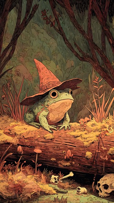 a frog with a hat sitting on top of a log in the woods next to skulls Frog Halloween Woodland Fantasy, Goblincore Frog, Illustrated Art, Feywild Creatures, dark olive green