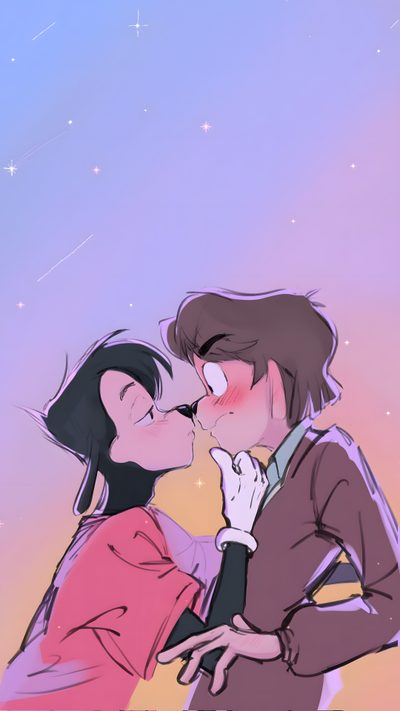 two people kissing each other with stars in the background Max And Tommy Halloween Goofy And Max, Maxly The Goofy Movie, The Goofy Movie Fanart, light steel blue