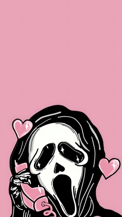 a woman with her mouth open in front of a pink background and an image of a skeleton Cute Scream Halloween Halloween Rose, Halloween Iphone Backgrounds, Halloween Backgrounds, light pink