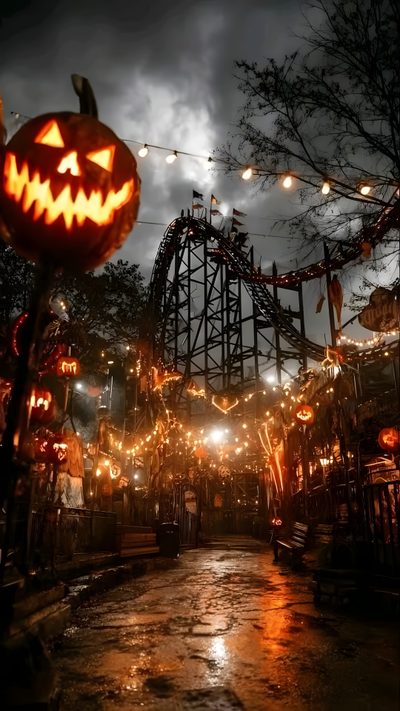 an image of a scary halloween scene with jack o lantern on the street and lights strung across the road Scary Halloween Gif Happy Halloween Gif, Halloween Live, Happy Halloween Pictures, dark olive green