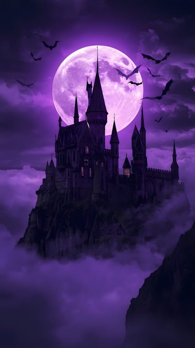 a castle in the sky with bats flying around it Dark Purple Halloween Purple Halloween, Spiritual Art, Tattoo Work, Favorite Color, midnight blue