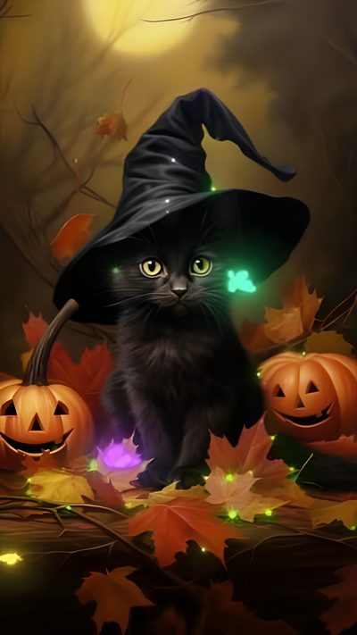 a black cat wearing a witches hat surrounded by pumpkins Cat Halloween Animated Cat Halloween, Cute Halloween Black Cat Gif, Cute Animated Halloween Cat, dark slate gray