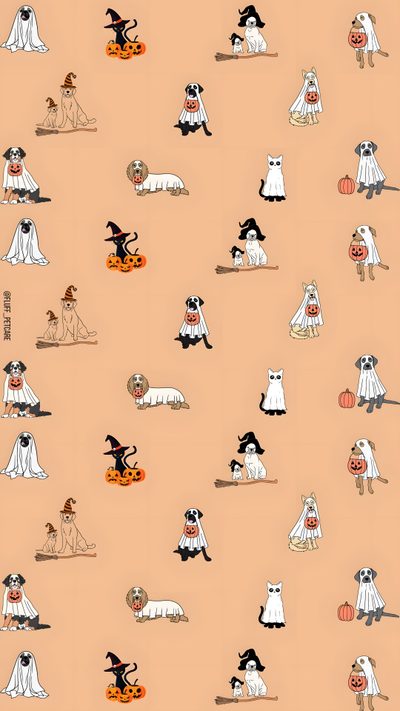 an orange background with black and white cartoon characters on it's sides, all dressed up in halloween costumes Halloween Dog Background Fall With Dogs, Dog Ghost, Ghost Dog, Aesthetic Pet Background, misty rose