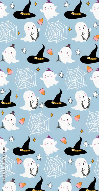 a blue background with white cats and black witches Pastel Blue Halloween Teal Ghost Pattern, Blue Halloween Aesthetic, Blue Ghost,