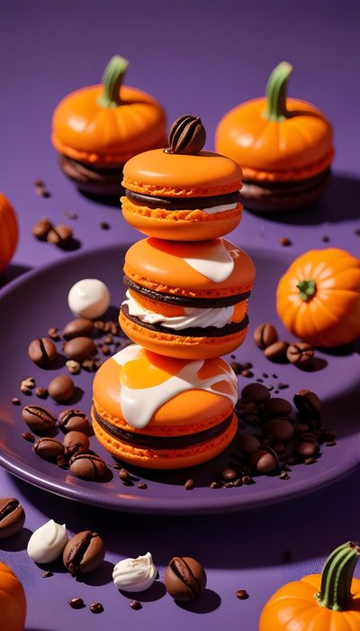 an assortment of cookies and pumpkins on a plate Halloween Food Fall Dessert Background, Fall Dessert, Orange, Colorful Fall Food Art, Cafe, dark olive green