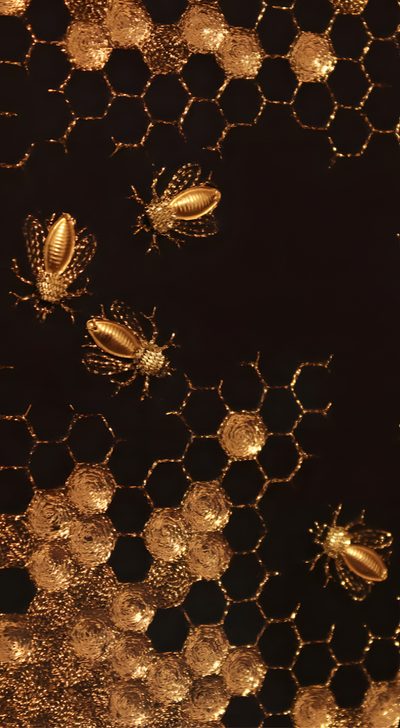 some gold colored bugs on a black background with honeycombs and circles around them Halloween Bees Accent Ideas Bee Hive, Insect Photography Gold, black