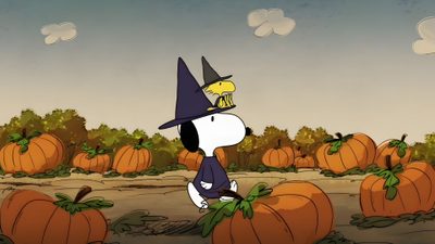 a cartoon dog wearing a witches hat standing in front of pumpkins Charlie Brown Halloween Laptop Fall Widgets Long, Halloween Widgets Medium, Horizontal Halloween, gray