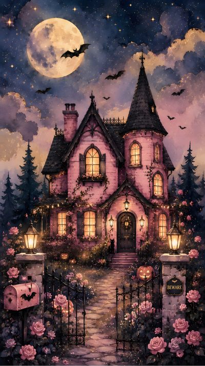 a painting of a pink house at night with bats and flowers on the front door Dark Pink Halloween Spooky Aesthetic, Halloween Lock Screen, Gothic Mansion, Halloween, Home, dark slate gray