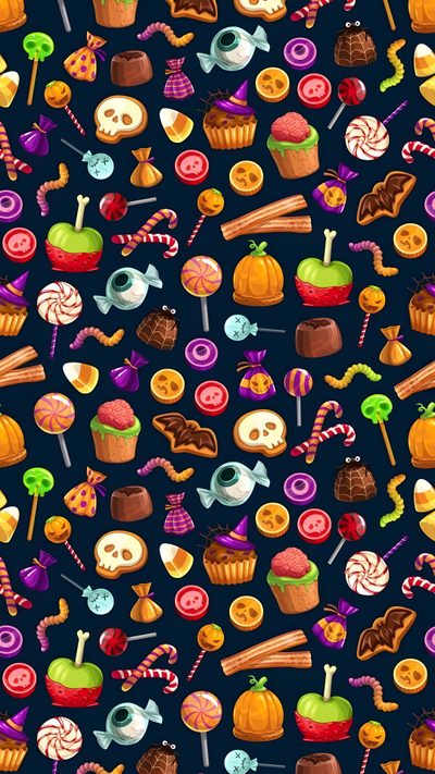 an image of candy and candies on a dark background Halloween Candy For Walls Halloween Fabric Candy Halloween Design, Halloween Candy Hd, Halloween Candy Pattern Background, black