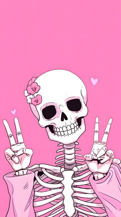 a skeleton holding up two fingers in front of a pink background with the word love written on Pink Baddie Halloween Pink Skeleton Pfp, Pink Skeleton, Pink Skull Aesthetic,