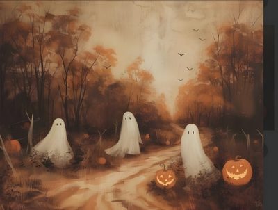 a painting of three ghost walking down a road with pumpkins Halloween Ipad With Ghosts Halloween Painting Aesthetic, Ghost And Pumpkin Painting, Pumpkin And Ghost Painting, sienna