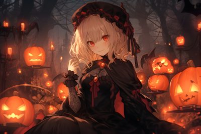 a woman dressed as a witch sitting in front of pumpkins Anime Halloween Desktop Halloween Anime Banner, Anime Halloween Backgrounds, Halloween, dark slate gray