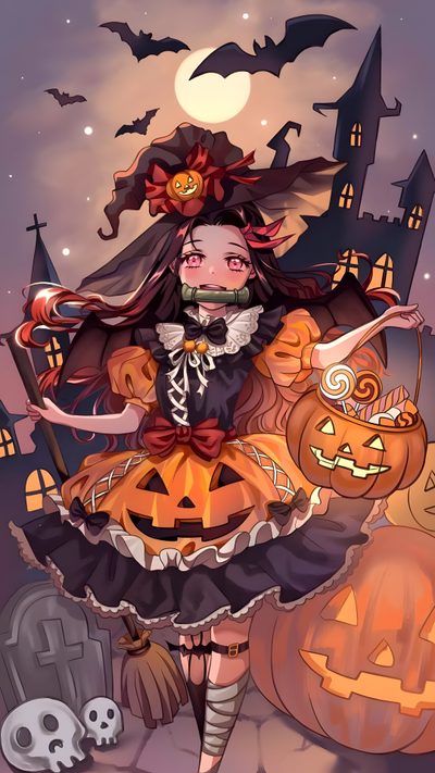 a girl dressed as a witch with pumpkins Nezuko Kamado Halloween Anime Halloween, Marcos Del Cuaderno De Notas, Cute Anime, Halloween, dim gray