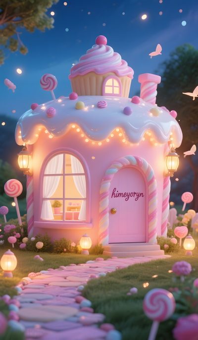 a pink fairy house with lights and candy canes Halloween Candy House Pink Candy House Design, Pink Candy House Illustration, Cupcake House, gray