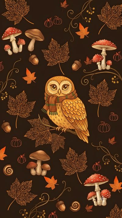 an owl sitting on top of a tree next to mushrooms and leaves Halloween Owl Lamborghini Supercar, Pokemon Bookmark, Spring Party, Funny, Exclusive Gift, black
