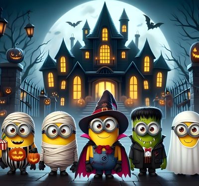 a group of minion halloween characters standing in front of a house with pumpkins Minions Halloween Minions Halloween Gif, Minion Halloween Desktop, Minion Witch, dark slate gray