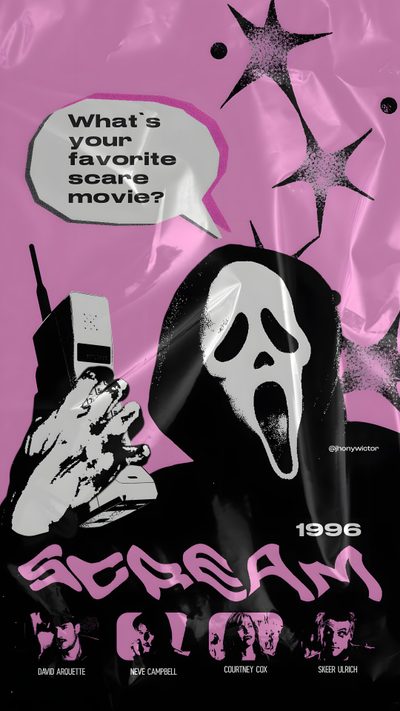 a movie poster with a ghost holding a cell phone Y2k Halloween Scream Scream Poster, Scream, David Arquette, Comic Poster, Pink Posters, rosy brown