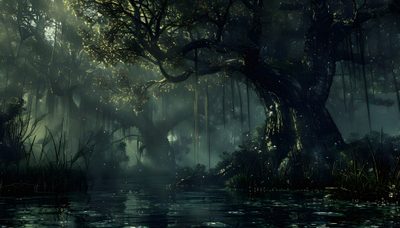 a swampy area with trees and water in the foreground Halloween Swamp Creepy Swamp Background, Swamp Background Hd, Fantasy Swamp, dark slate gray