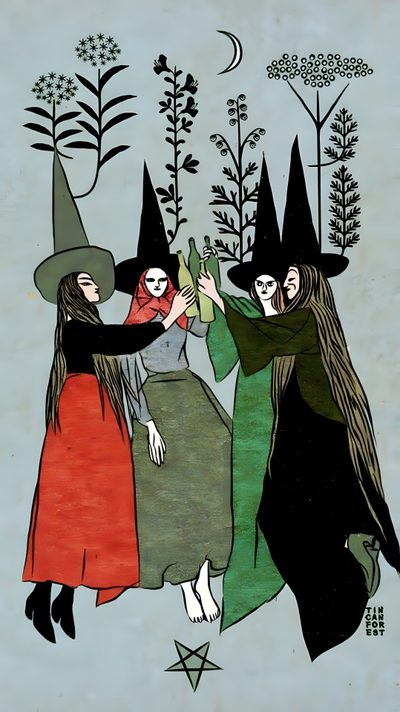 three witches are dancing in the woods Hippie Halloween Art And Illustration, Witch Aesthetic, Wow Art, Witch Art, Coven, Book Of Shadows, dark gray