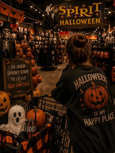 a woman in a black shirt is looking at pumpkins and jack - o'- lanterns Spirit Halloween Aesthetic Halloween, Halloween 2026, Halloween Aesthetic, Halloween Usa, Spooky Places, black