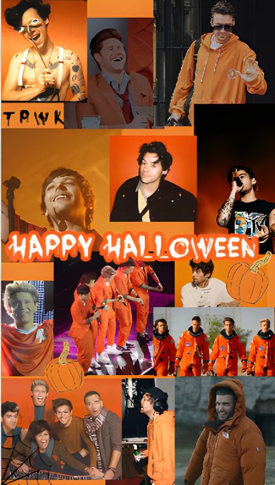 a collage of people dressed in orange and black with the words happy halloween written on them One Direction Halloween One Direction Thanksgiving, Aesthetic Halloween Boys, One Direction Pumpkin Stencil, sienna