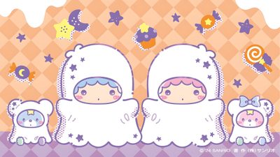 an image of two children in bed with stars on the wall behind them and another child standing next to it Little Twin Stars Halloween Sanrio Halloween Laptop, Sanrio Halloween Widget, Kiki And Lala Halloween, peach puff