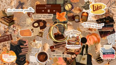 a collage of various items that include coffee, books and other things to make it look like fall Halloween Gilmore Monthly Desktop, Fall Backgrounds Ipad, Cute Fall Laptop Aesthetic, peru