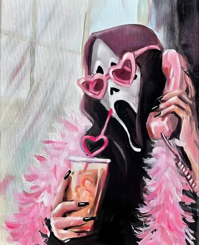 a painting of a woman with pink hair holding a drink and wearing a mask on her face Slay Halloween Cute Scream Painting, Scary Movie Rosado, Pink Ghostface Aesthetic, rosy brown