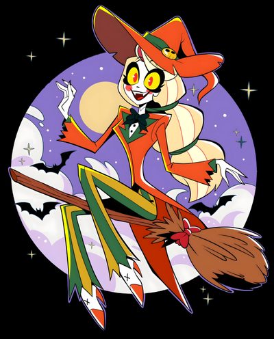 an image of a cartoon character flying on a broom with bats in the sky behind Happy Halloween Charlie Halloween Hazbin Hotel, Hazbin Hotel Halloween Merch, Hazbin Hotel Halloween, dark slate gray