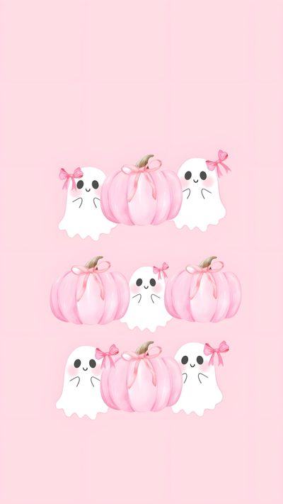 three pink pumpkins with black eyes and bows on them are arranged in the shape of ghost Pink Coquette Halloween Halloween Iphone Backgrounds, Halloween Backgrounds, Bow Iphone, misty rose