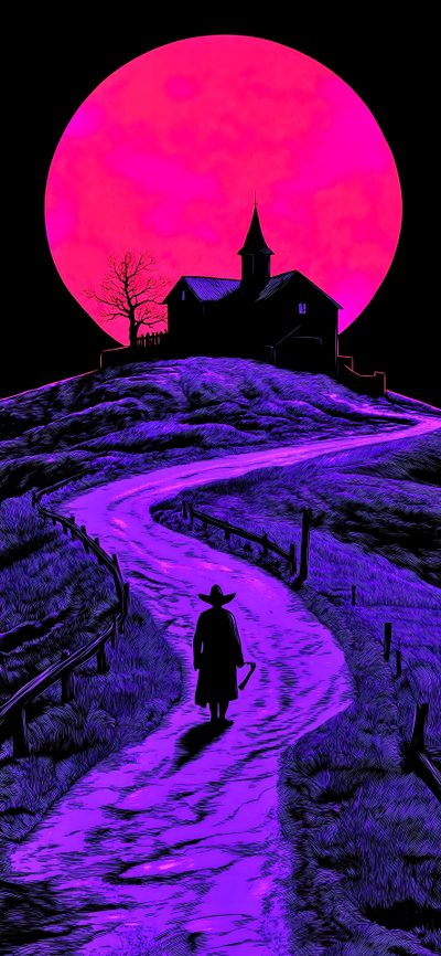 a painting of a person walking down a path towards a house with a pink sky in the background Vaporwave Halloween Phone Horror, Scary Purple Background, Neon Horror Background, Darksynth, indigo