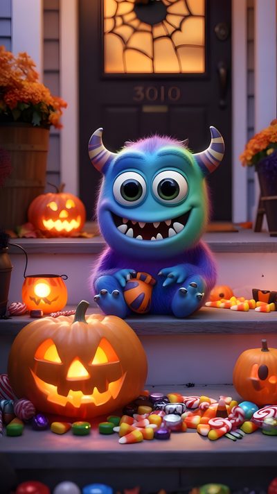 a blue monster sitting on the steps with pumpkins and candy in front of it Monsters Inc Halloween Monsters Inc Halloween, Pixar Halloween, Disney Halloween Monsters, dark olive green