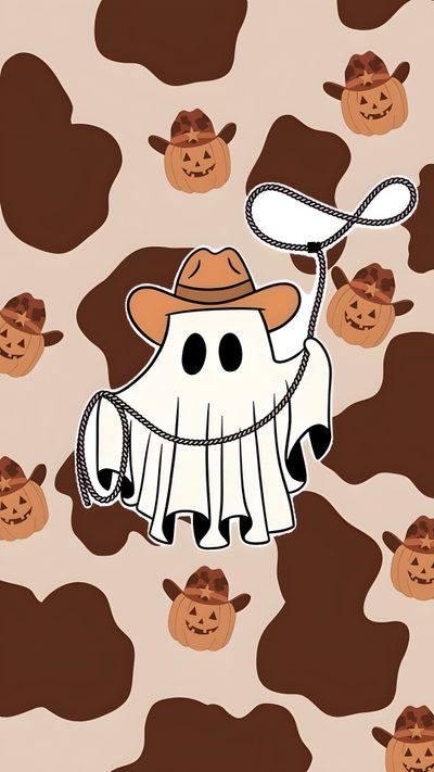 a cow with a cowboy hat and lasso on it's head is surrounded by pumpkins Halloween Cowgirl Iphone, Aesthetic Cute Western Halloween, Halloween Backgrounds, Halloween, Boo Haw, tan