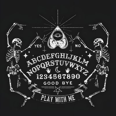 skeleton font and numbers on a black background with white lettering that says,'play with me ' Halloween Ouija Planchette Ouija Board Goodbye, Vintage Ouija Board Art, Ouija Board Sun And Moon, black