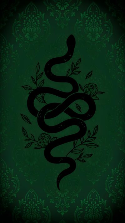 a black snake on a green background with roses and leaves in the corner, as if it Slytherin Halloween Dark Aesthetic Phone Background, Black Snake On Green Damask Background, Gothic Snake,