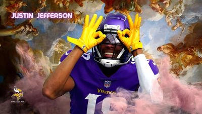 a football player holding his hands up to his face with the words, just in jefferson Justin Jefferson Halloween Creative Football Poster Ideas, Football Player With Ok Gesture, Purple Football Jersey, dim gray