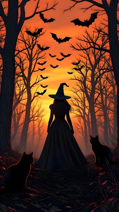 a painting of a woman dressed as a witch with two cats Halloween Witch For Bedroom Happy Halloween Pictures, Witch Painting, Creepy Halloween Decorations, black